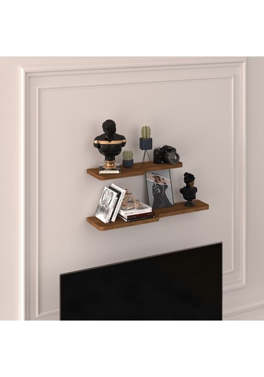 Doğal Modern Organizer Düzenleyici 2'li Kıvrımlı Dekoratif Kitaplık Banyo Mutfak Duvar Rafı Ceviz