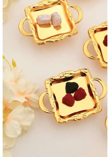 Mini Kulplu Kare Model Ayaklı Lokumluk 6'lı Takım Gold Renkli