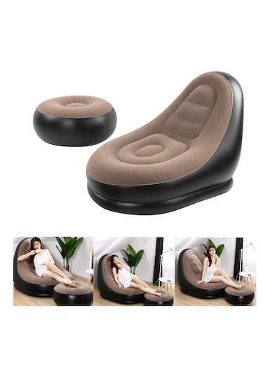 Snapbuy Ayak Dayamalı İç Dış Mekan Kullanımına Uygun Kadife Kaplamalı Berjer Şişme Koltuk - 2'li Set - Kahverengi - Krem