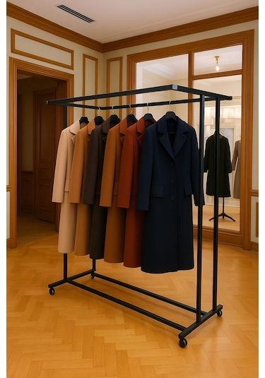 Premium 150 Cm Çelik Konfeksiyon En 105 Cm Elbise Askılık Tekerlekli Demonte Portmanto Hanger Siyah