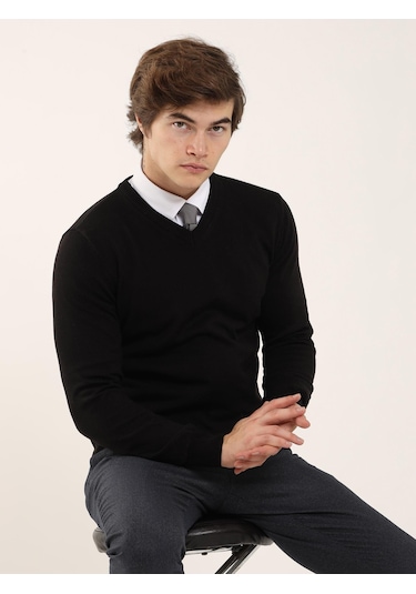 Dufy Siyah Erkek Slim Fit V Yaka Triko - 91127 Siyah