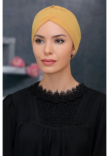 Gold Pratik Hazır Geçmeli Tesettür Bone Sandy Kumaş Taçlı Büzgülü Altın