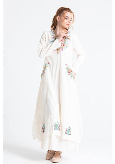 Uzun Kol Şile Bezi Nakışlı Antik Uzun Elbise Krem Krm-krem