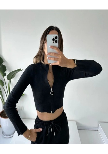 River Island River İsland Kadın Kaşkorse Kumaş Fermuarlı Crop Bluz