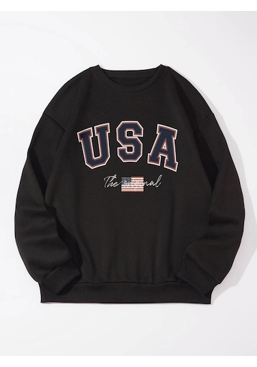 Unisex Oversize Siyah The Usa Baskılı Bisiklet Yaka Sweatshirt Koyu Siyah