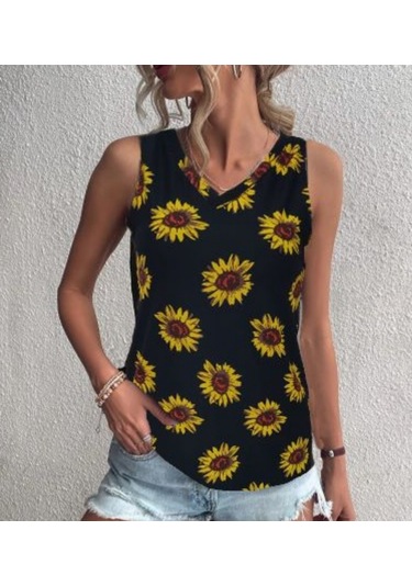 Modaserdem Kadın V Yaka Kolsuz Ayçiçeği Desen Krep Bluz Altın