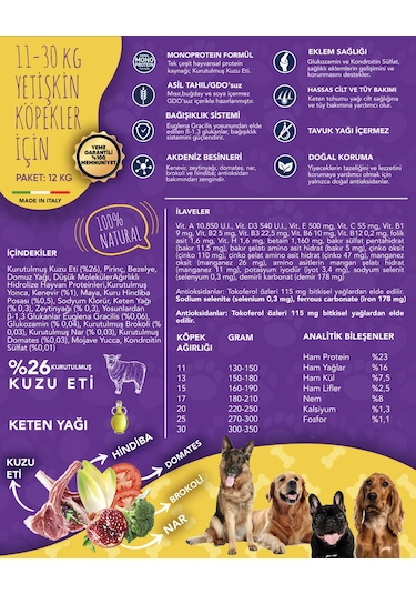Exclusion Monoprotein Düşük Tahıllı Kuzu Etli ve Narlı Orta Irk Yetişkin Köpek Maması 12 KG