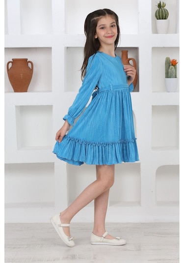 Kız Çocuk Örme Saten Çanta Detaylı Pliseli Astarlı Elbise Açık Mavi