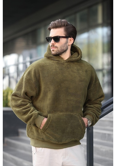 Haki Peluş Kapüşonlu Erkek Sweatshirt 6050 Haki