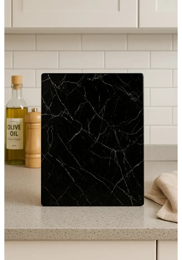 Siyah Mermer Görünümlü Cam Kesme Tahtası Kırılmaz, Oval Kenarlı 20x30 Cm Hijyenik Kesme Tahtası Siyah Mermer