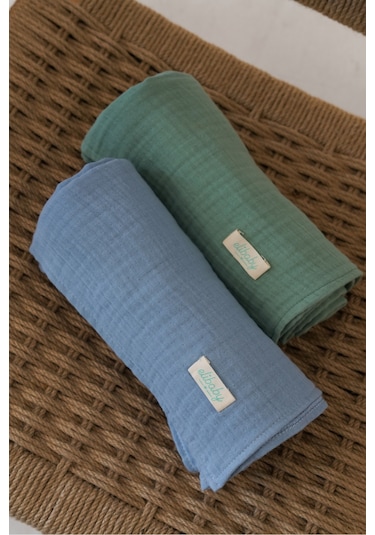 Pamuk 4 Katlı Müslin Örtü Seti 2'li İndigo Mavi ve Çağla Yeşili Mavi Yeşil