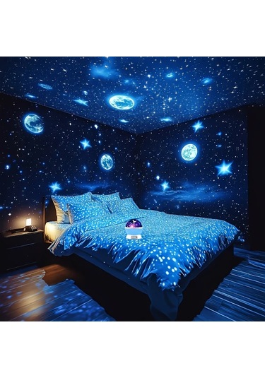 Honeybeeshop 1 Adet Blue Yıldız Ve Ay Gece Lambası Usb Güçlü 360 Döner Taban Yatak Ofis Dekorasyonu Ay Evreleri Modern Astronomi Aydınlatma Hediye Ahşap