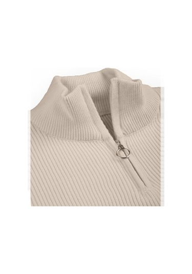 Deepsea Erkek Bej Yarım Fermuarlı Oversize Kesim Triko Kazak %100 Pamuk, Yumuşak Dokulu Örgü Kazak 2608511 Bej