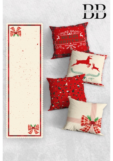 Belle Benoit Yılbaşı Baskılı Runner & Koltuk Kırlent Kılıfı Set