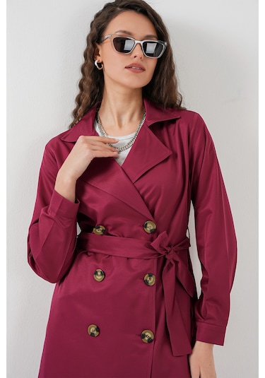 5853 Kruvaze Yaka Trençkot - Bordo Bordo