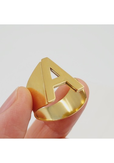 Çelik Gold Düz Kesim Harf Yüzük -a Harfi- Ayarlı Ölçü-1888
