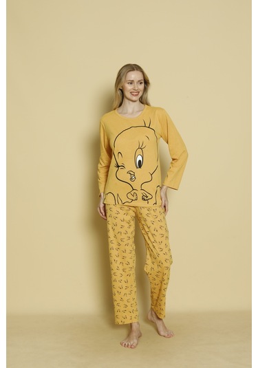 Kadın Penye Sıfır Yaka Uzun Kol Pijama Takımı Hardal Sarı