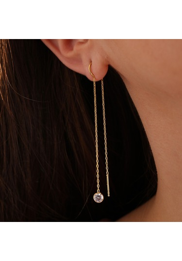 Queen Silver Jewelry 925 Ayar Gümüş Yuvarlak Zirkon Taş Sallantılı Küpe Altın