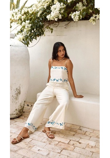Yaz Desenleri İnce Askı Bluz Pantolon 2li Bohem Takım Beyaz