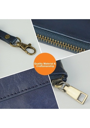 Shidai888 Retro Deri Debriyaj Fermuarlı Zarf Çanta Koyu Mavi