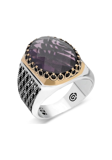 925 Ayar Gümüş Ay Yıldız Detaylı Ametist Taşlı Erkek Yüzük - 556400377