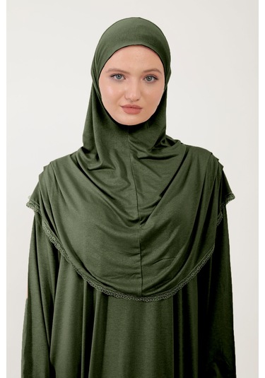 Kadın Tesettür Pamuklu Başörtülü Namaz Elbisesi Dantelli Tek Parça Penye Kumaş Haki