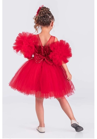 Kız Çocuk Abiye Elbise Ponpon Kol Pul Payetli Tütülü Kırmızı