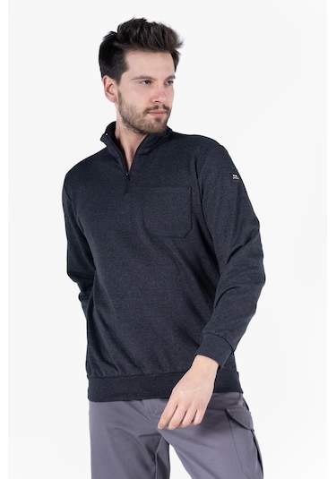 2 İplik Dik Yakalı Fermuarlı Sweatshirt Antrasit Melanj
