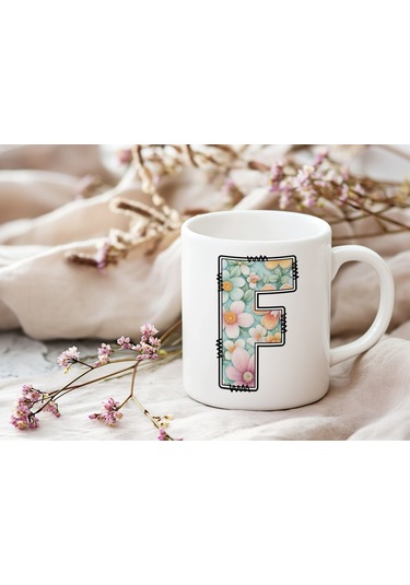 F Harfli Pastel Çiçek Desenli Kahve Kupası - Kişiye Özel Çiçekler Koleksiyonu Bardak - Hediye Beyaz