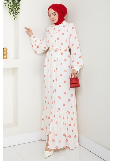 Anif Çiçek Desen Kemerli Elbise 1554 - Kırmızı Kırmızı