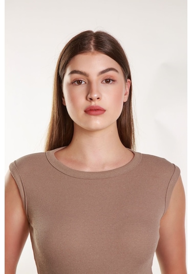 Kadın Vizon Fitilli Likralı Sıfır Kol Bisiklet Yaka Örme Atlet Tshirt Bluz Vizon