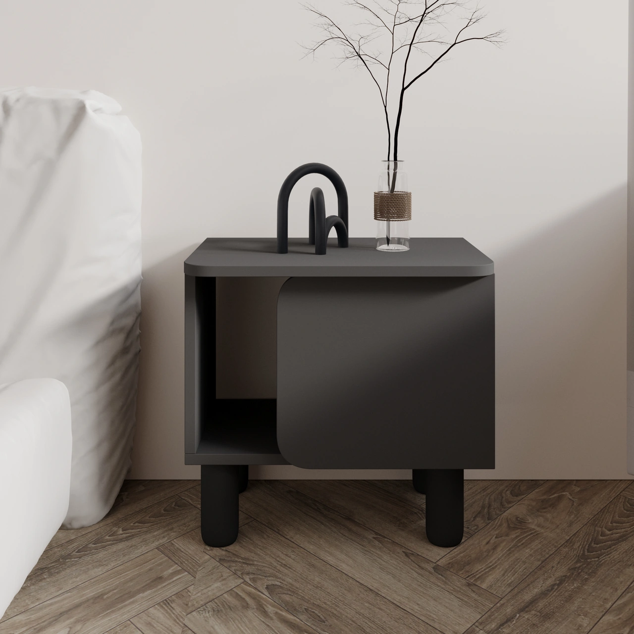 River Komodin Şık Ve Fonksiyonel Başucu Sehpası Antrasit