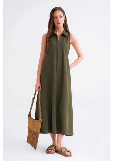 4692 Kadın Gömlek Yakalı Fermuarlı Midi Boy Oxford Elbise Haki Haki