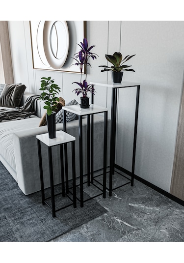 Dekoratif Saksılık 3'lü Takım - Metal Ayaklı Saksı Standı Yan Sehpa Beyaz