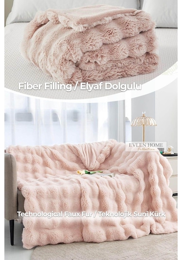 Evlen Home Kürk Yatak Örtüsü Çift Kişilik Dolgulu Peluş Yumuşak Çift Taraflı Yorgan 3 Parça Loria Pudra