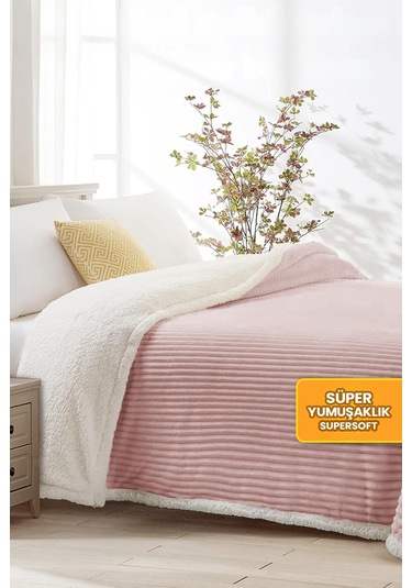 Sherpa Battaniye Çift Kişilik Çizgili Yumuşak Peluş Wellsoft Yatak Örtüsü Pudra Pudra