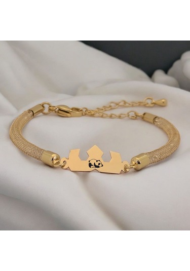 Archin Panda Temalı 14 Ayar Altın Plakalı Hasır Kordonlu Taç Motifli Hediye Bileklik-461sembol Panda