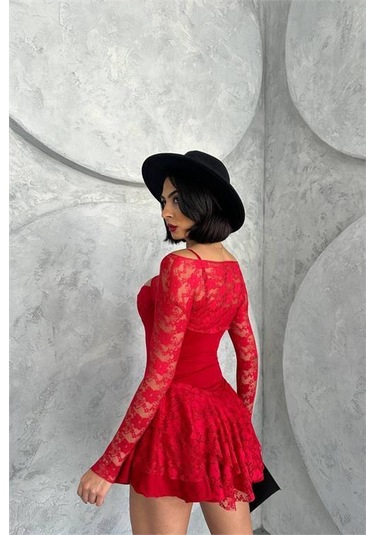 Kadın Bolero Detaylı Güpür Prenses Elbise Dpnbdf107 Kırmızı