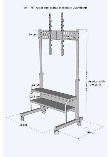 Frenli Tekerlekli Yükseklik Ayarlı Tv Duvar Paneli Tv Standı Konsol Hareketli Televizyon Ünitesi Siyah - Ceviz