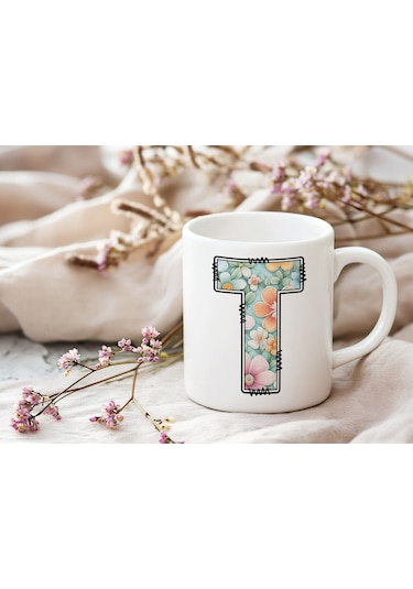 T Harfli Pastel Çiçek Desenli Kahve Kupası - Kişiye Özel Çiçekler Koleksiyonu Bardak - Hediye Beyaz