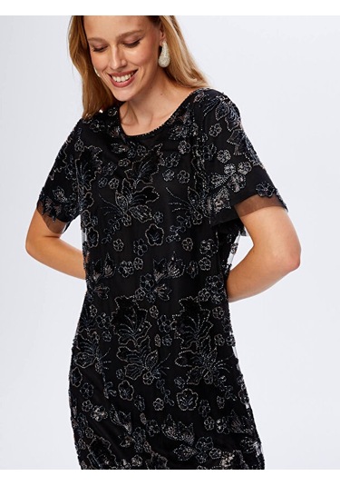 Boncuk Ve Payet İşli Çiçek Desenli Kısa Kollu Abiye Elbise W26aby008 Uw26aby00810 Siyah