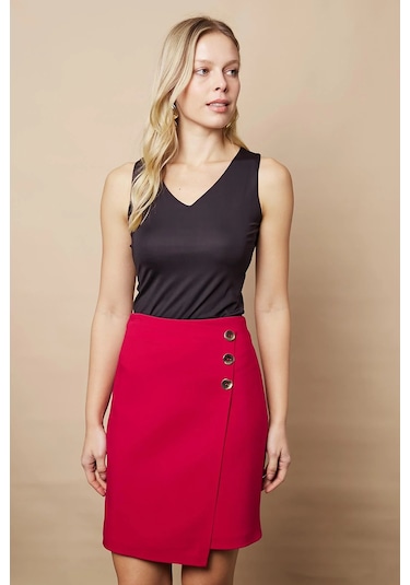 Kadın Arkadan Fermuarlı Düğme Detaylı Hafif Likralı Kumaş Diz Üstü Kalem Etek-bordo Bordo