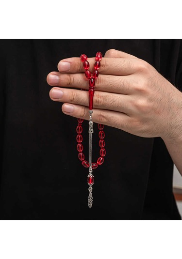 Gümüş Püskül Sıkma Kehribar Tesbih Kırmızı 14508412