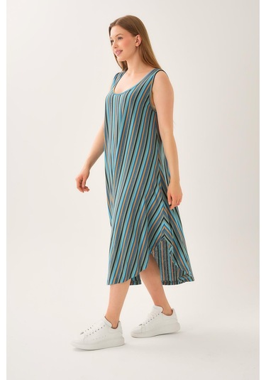 Asimetrik Kesim Çizgili Kolsuz Elbise Yeşil