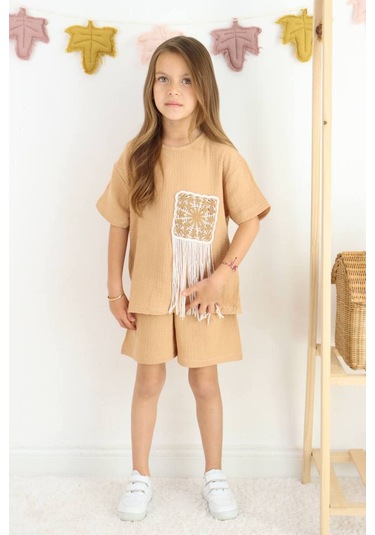 Örme Nakışlı Müslin Şort Takım KREM