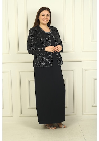 Kadın Pul İşlemeli Boncuk Detaylı Tül Ceket Yarım Ay Kollu Uzun Elbise Astarlı Krep Büyük Beden 2'li Takım Siyah Kadın Pul İşlemeli Boncuk Detaylı Tül Ceket Yarım Ay Kollu Uzun Elbise Astarlı Krep Büyük Beden 2'li Takım Siyah