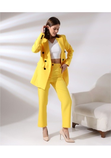 Kadın Kruvaze Blazer Ceket Pamuklu Atlak Kumaş Pantolon Takım Elbise Sarı Sarı