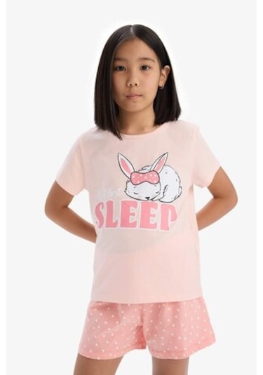 DeFacto   Kız Çocuk Pijama Takımı Baskılı Kısa Kollu Üst Esnek Belli Şort E6227A825HSPN212 Pembe