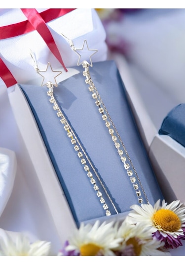 Su Yolu Serisi Zirkon Taşlı Sallantılı Küpe Yıldız Model Gri