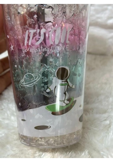 Pipetli Bardak Matara Sevimli Suluk 450 Ml Çift Astronot Figürlü Gümüş
